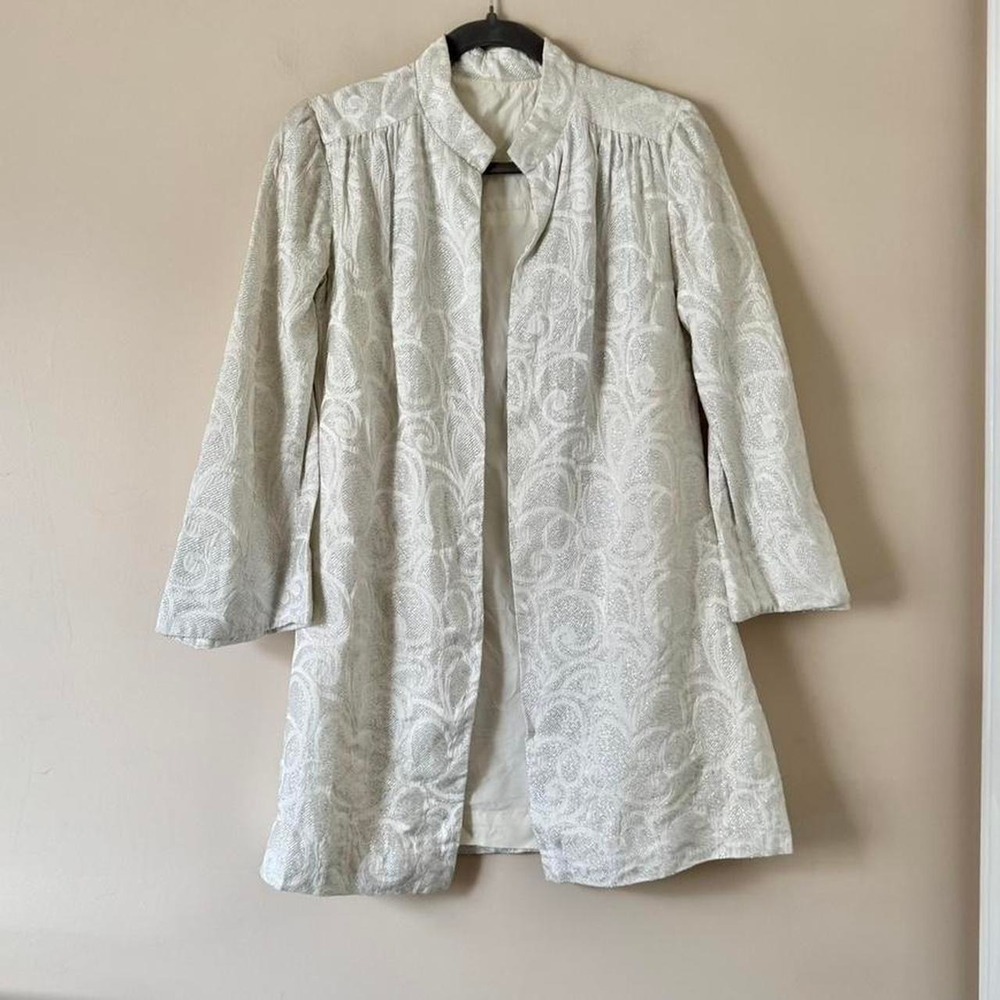 1960s silver metallic open jacket swirl pattern grey lurex glitter XS Small